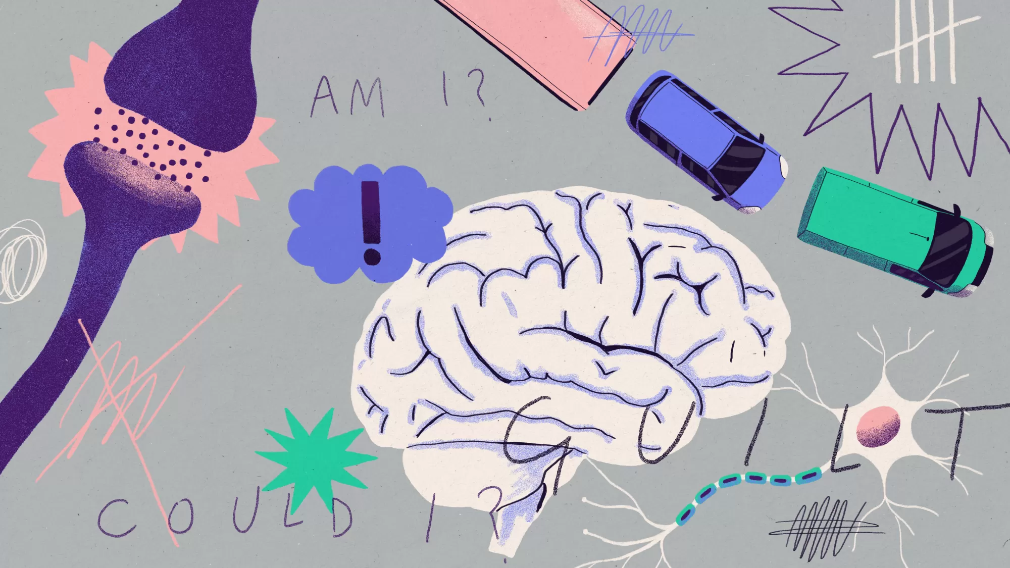 Summary image of the website, with a brain surrounded by neurons, some questions that people with OCD might experience, neurons and neurotransmitters, as well as depictions of OCD symptoms.