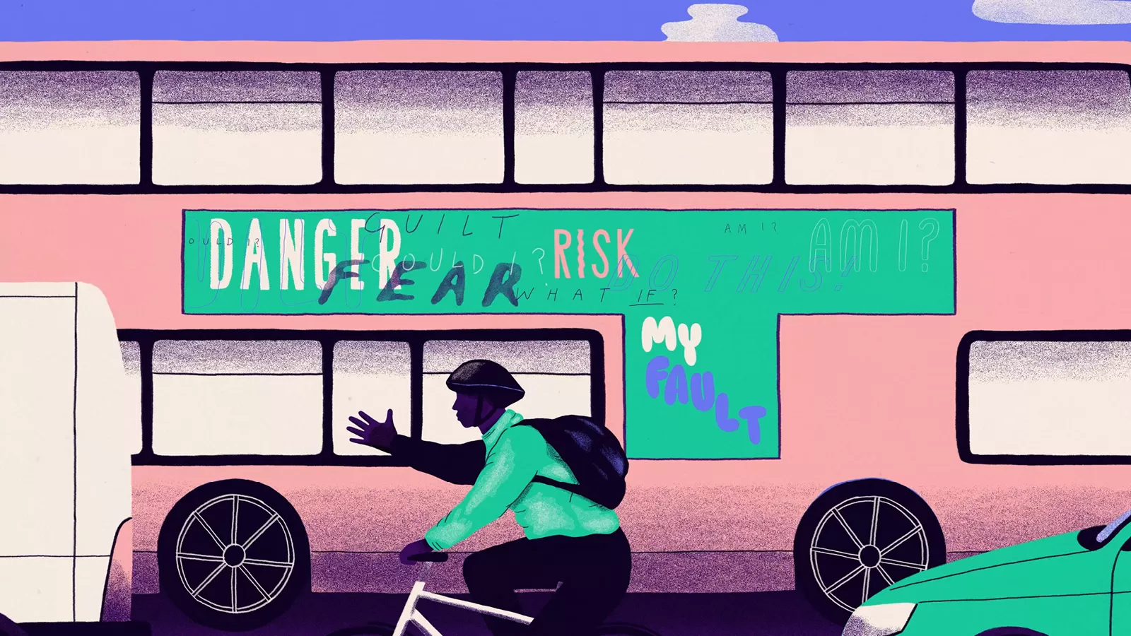 A traffic jam represented by an frustrated cyclist and stopped cars, with a bus in the background, which contains an advert with words and sentence that normally arise during OCD symptoms.